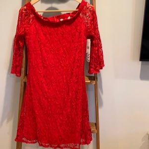 Bright red, mid length sleeve, zip back dress